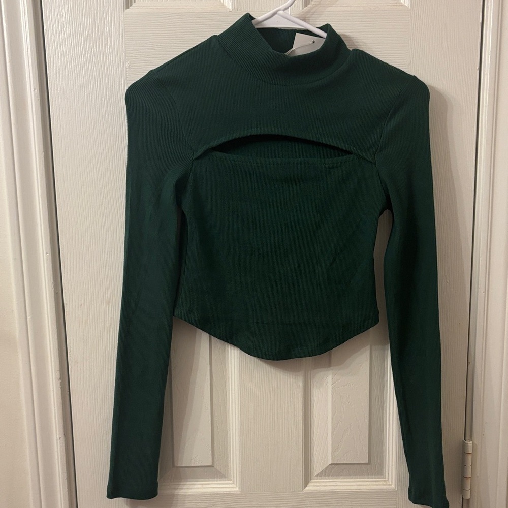Long-Sleeve Mock Neck Cutout Top — Forest Green
